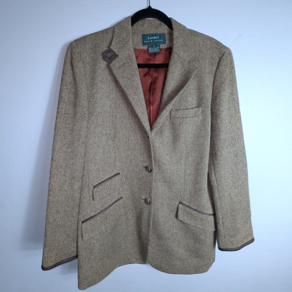 12‎ Ralph Lauren Wool Silk Blend Herringbone Equestrian Leather Trim Blazer
